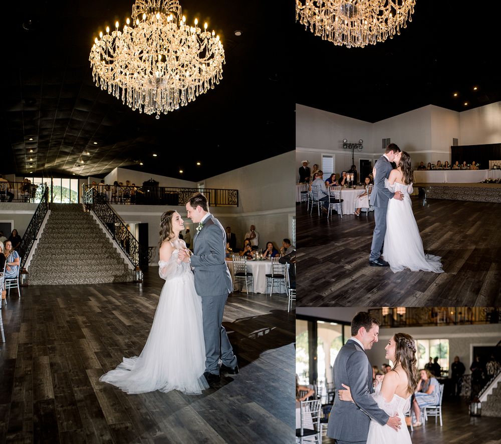 Multiple views of a wedding reception with stunning crystal chandeliers and elegant decor.