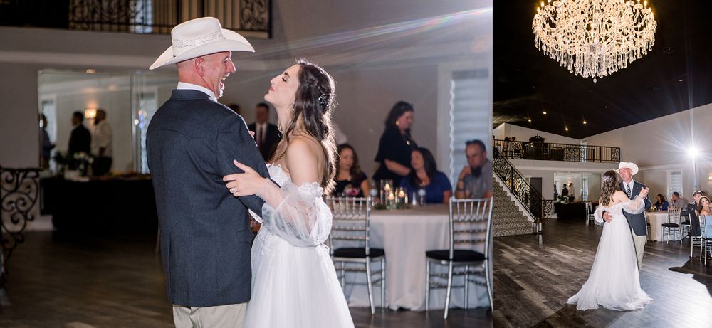 A couple shares their first dance under a crystal chandelier at an elegant wedding reception.
