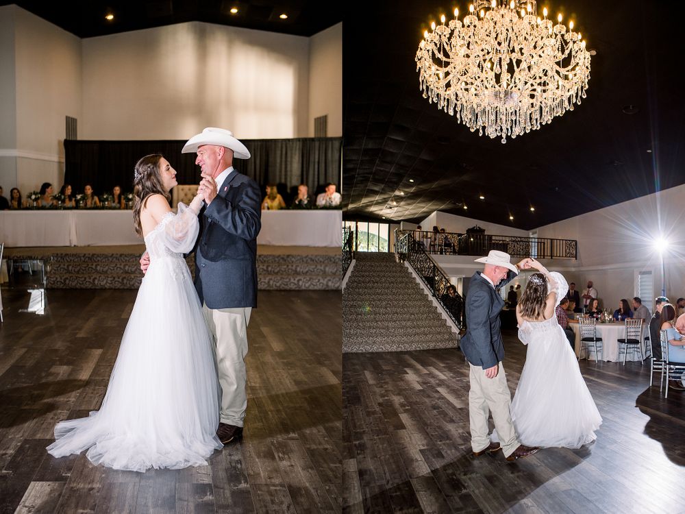 Wedding dance moments captured under sparkling chandeliers in an elegant reception venue.