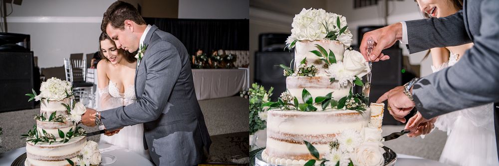 Wedding couple cutting their multi-tiered cake together at their reception.