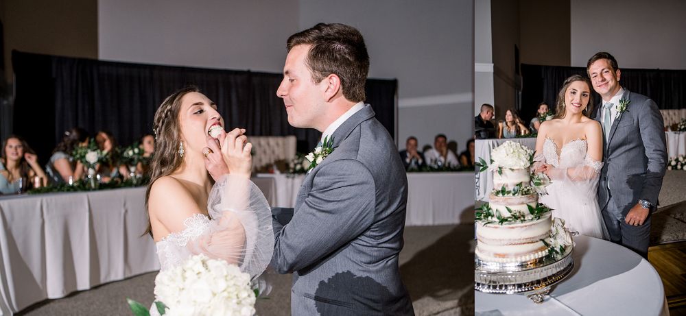 Joyful moments during a wedding reception with cake cutting and dancing.