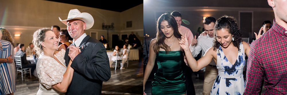 Wedding reception dance floor filled with celebrating guests in evening attire.