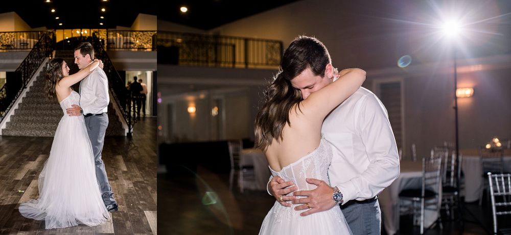 Romantic wedding couple embracing during an evening dance under soft lighting.