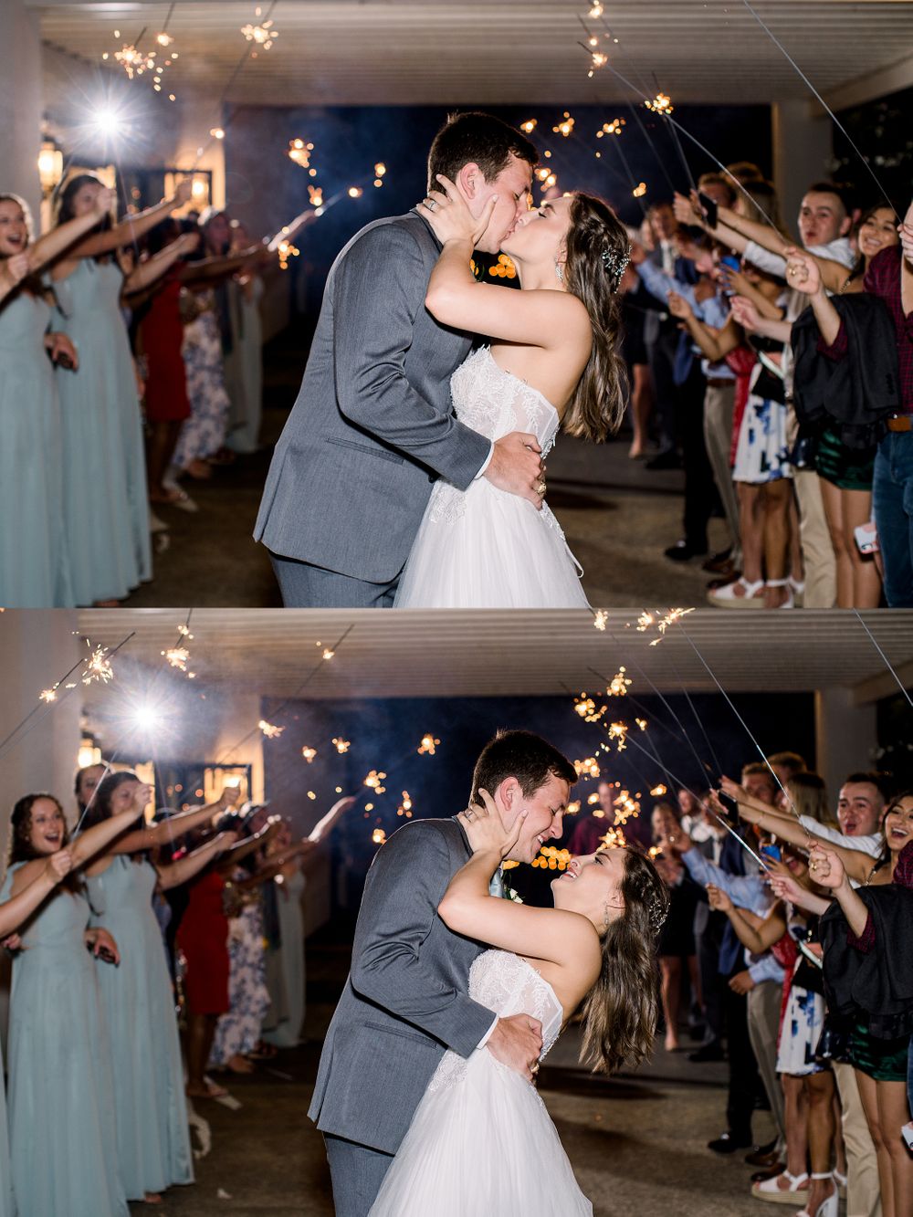 Wedding couple shares romantic sparkler exit kiss surrounded by celebrating guests.