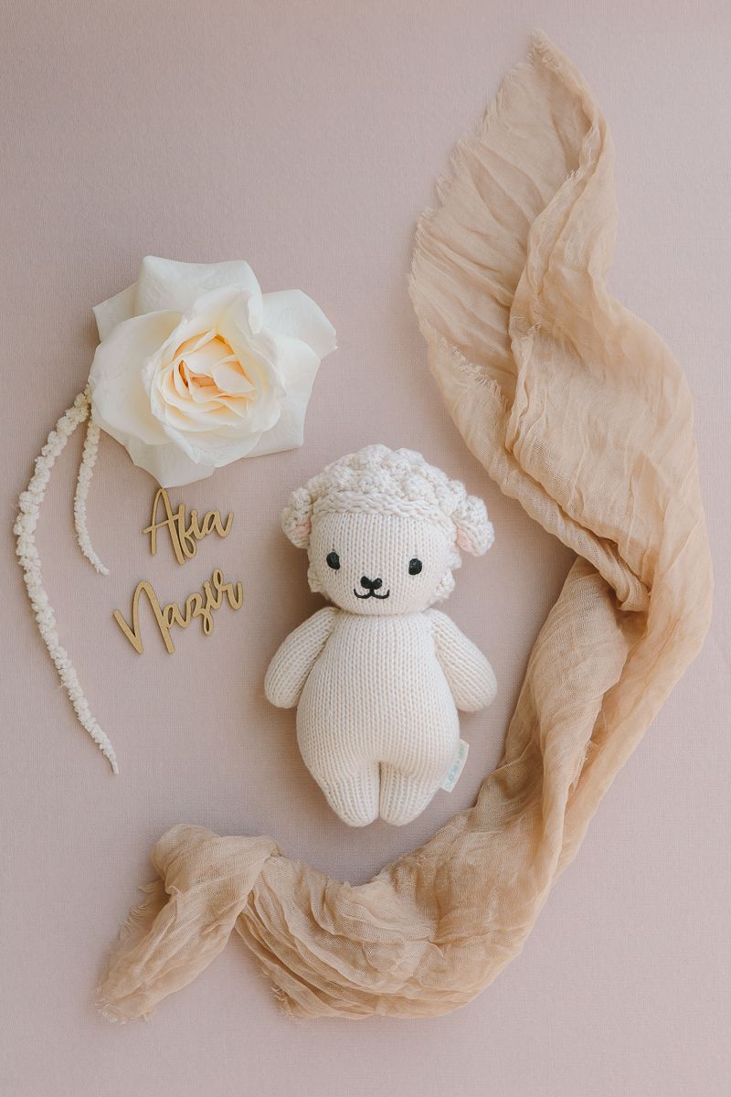 a beige lamb stuffed animal flatlay on a neutral background with a white rose, brown napkin and gold names by Paula O