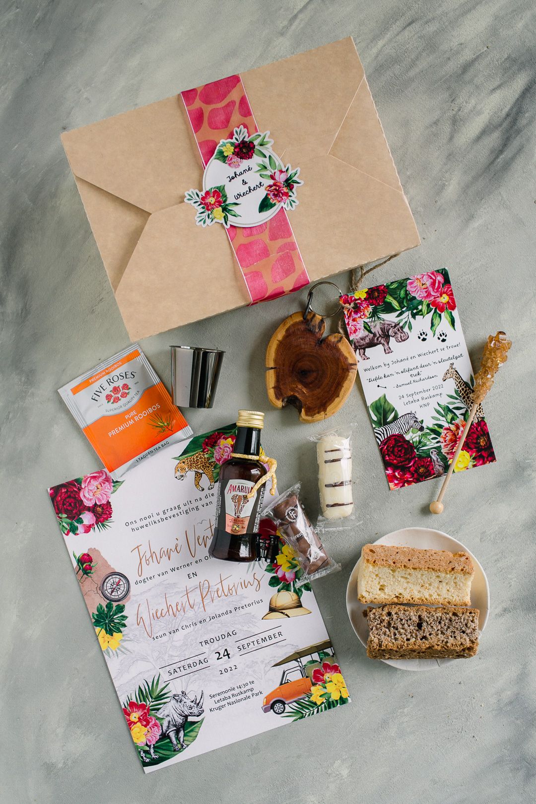 Arrival gift with rusks,amarula and nougat for a Krugar park wedding.