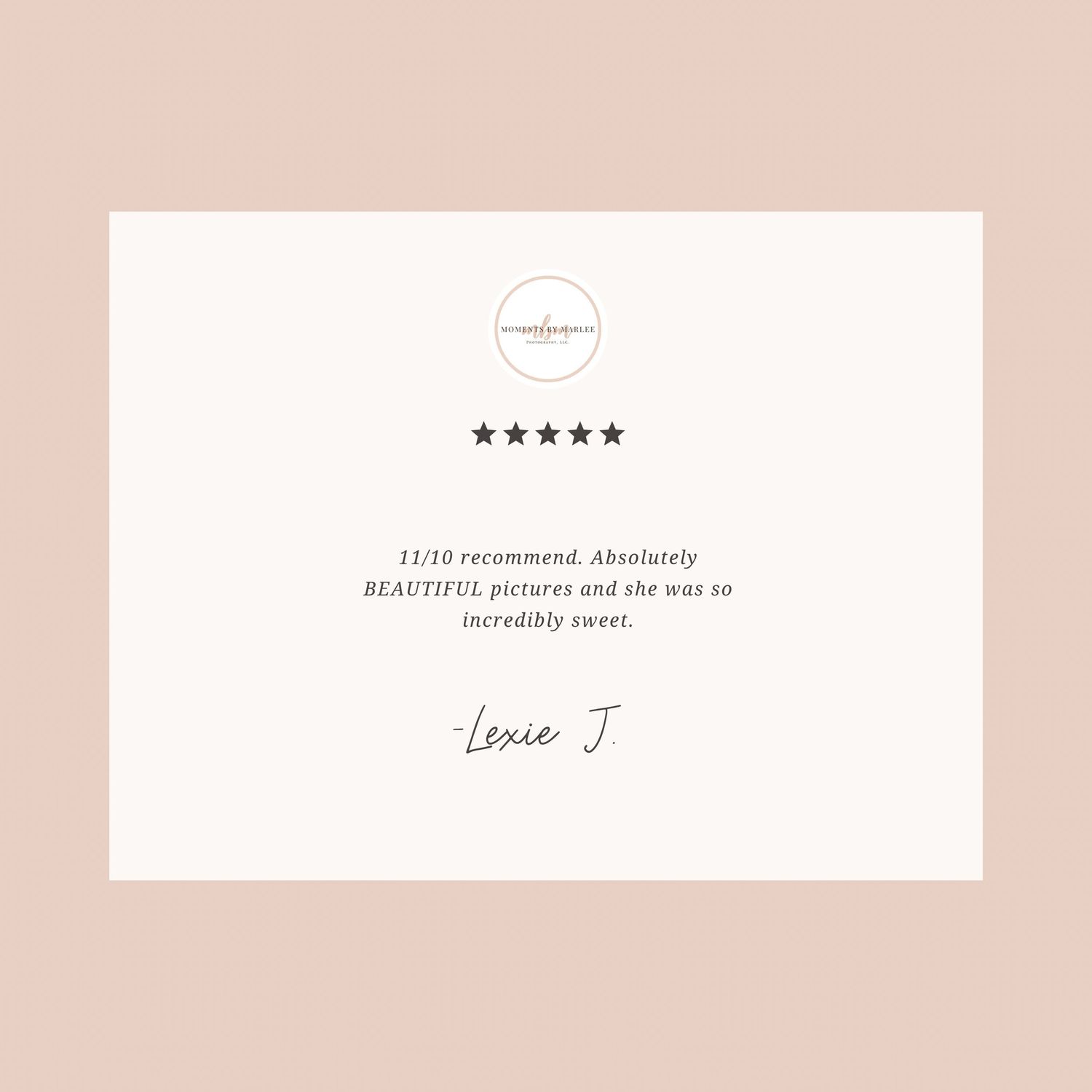 Pink testimonial card featuring five star rating and short client review.