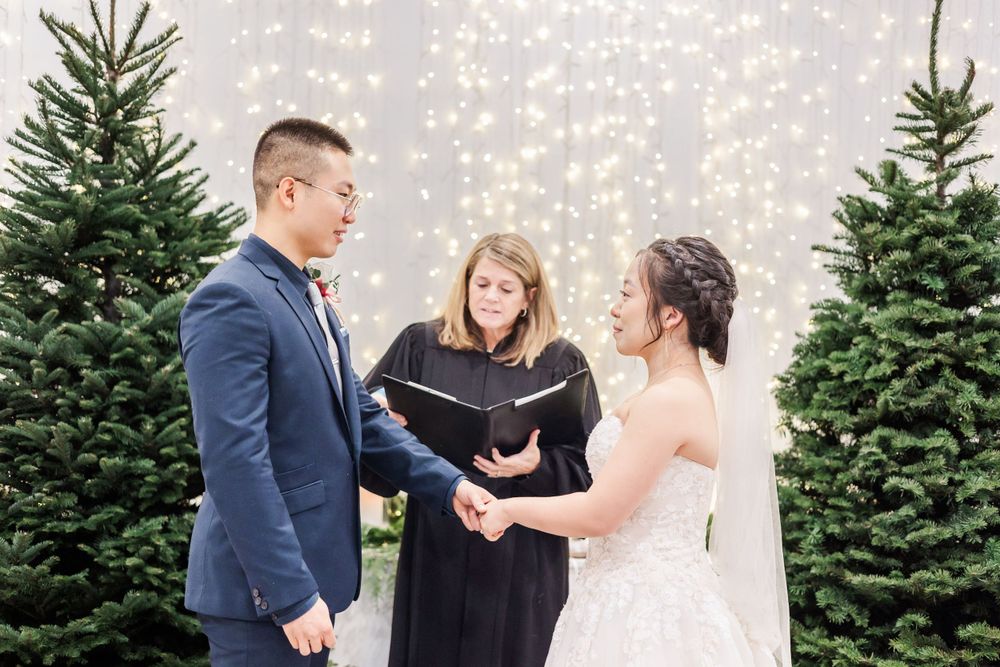 Wedding ceremony with couple holding hands before officiant, flanked by Christmas trees and twinkling lights.