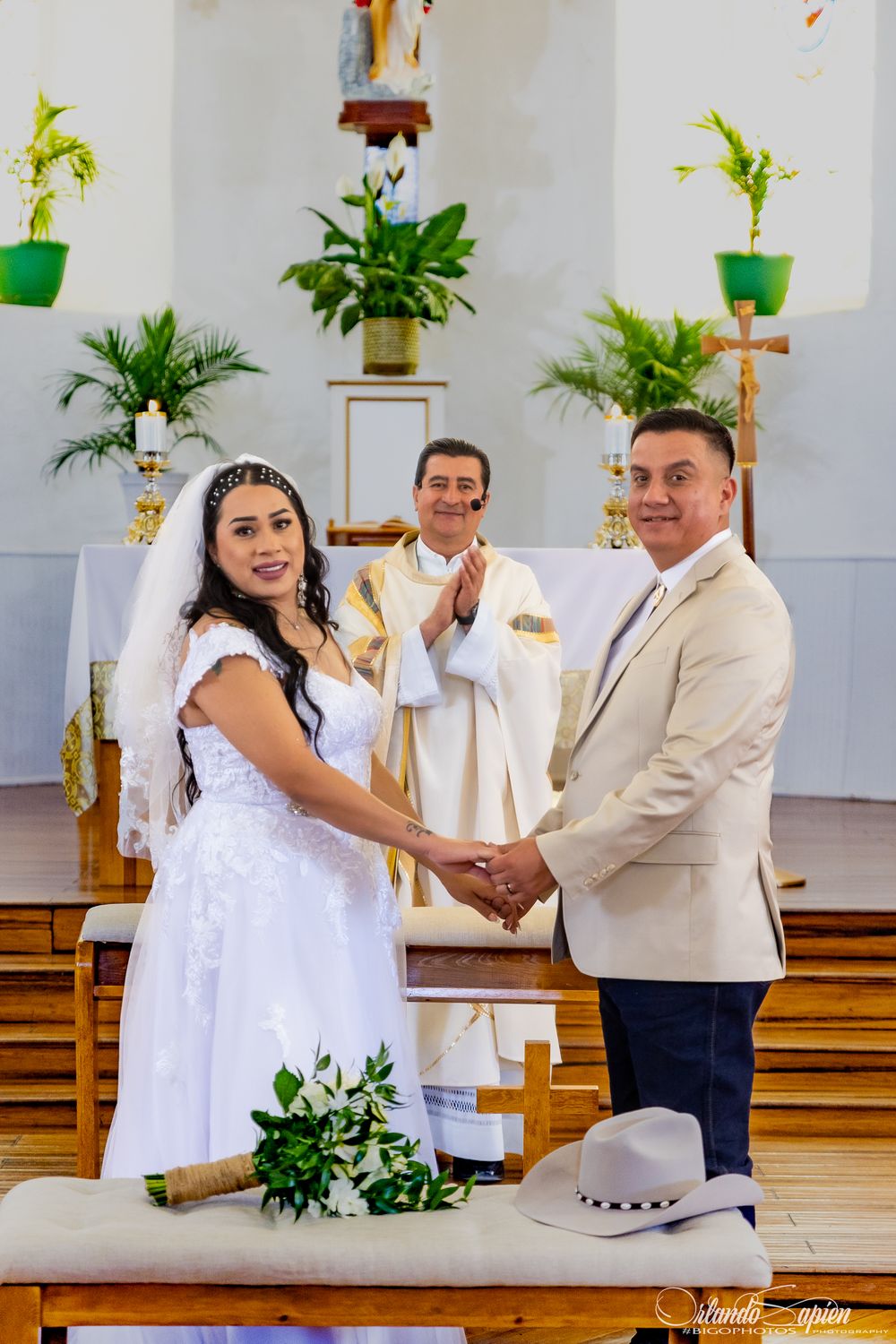 Joyful wedding ceremony moments captured in sequence inside a decorated church.