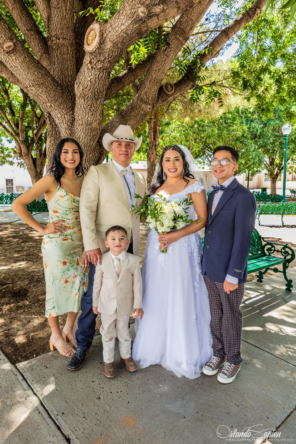Wedding party poses together under a shady tree in a park with green benches.