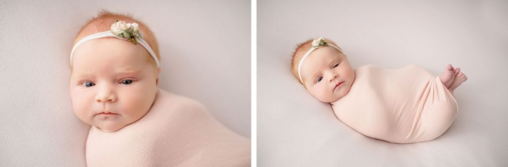 Two portraits of an infant in gentle pink tones against a neutral background.