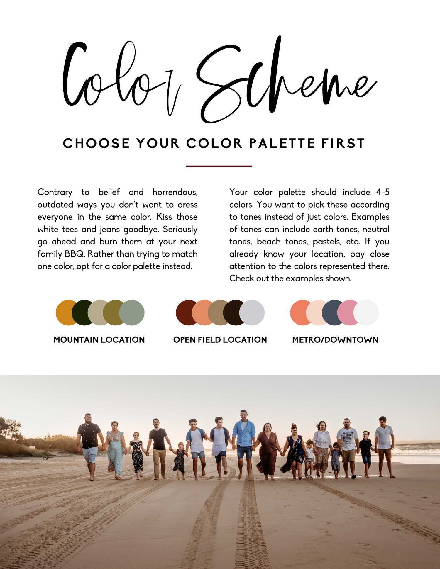 Guide showing color palette options for mountain, open field and urban photo sessions with example swatches.