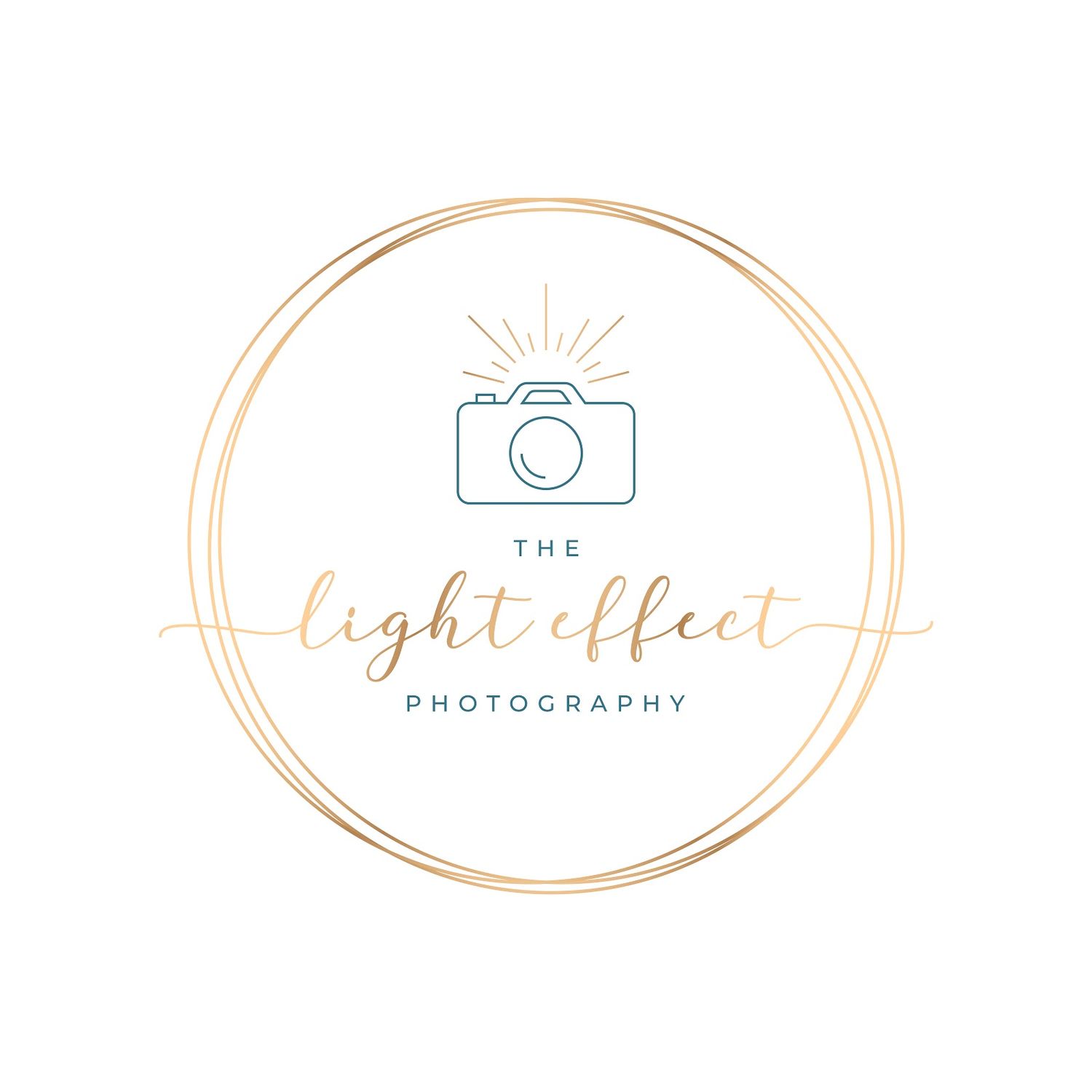 Elegant photography logo design with camera icon and gold circular frame. the light effect photoshoot.