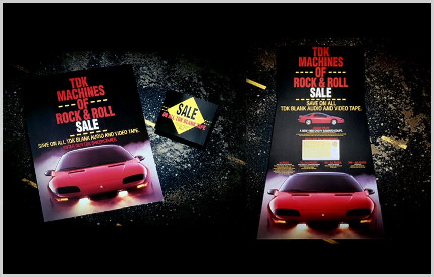 In-store signage for a Musicland, TDK Audio, Chevrolet co-branded promotion