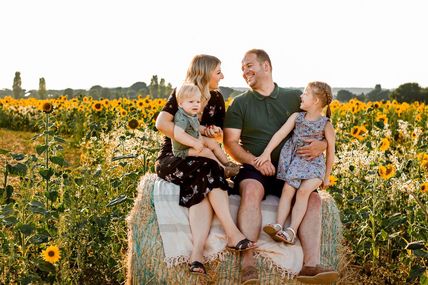 In a Sunflower field on Hayling Island, a family of 4 sit on a hay bale laughing as the sun sets behind them.