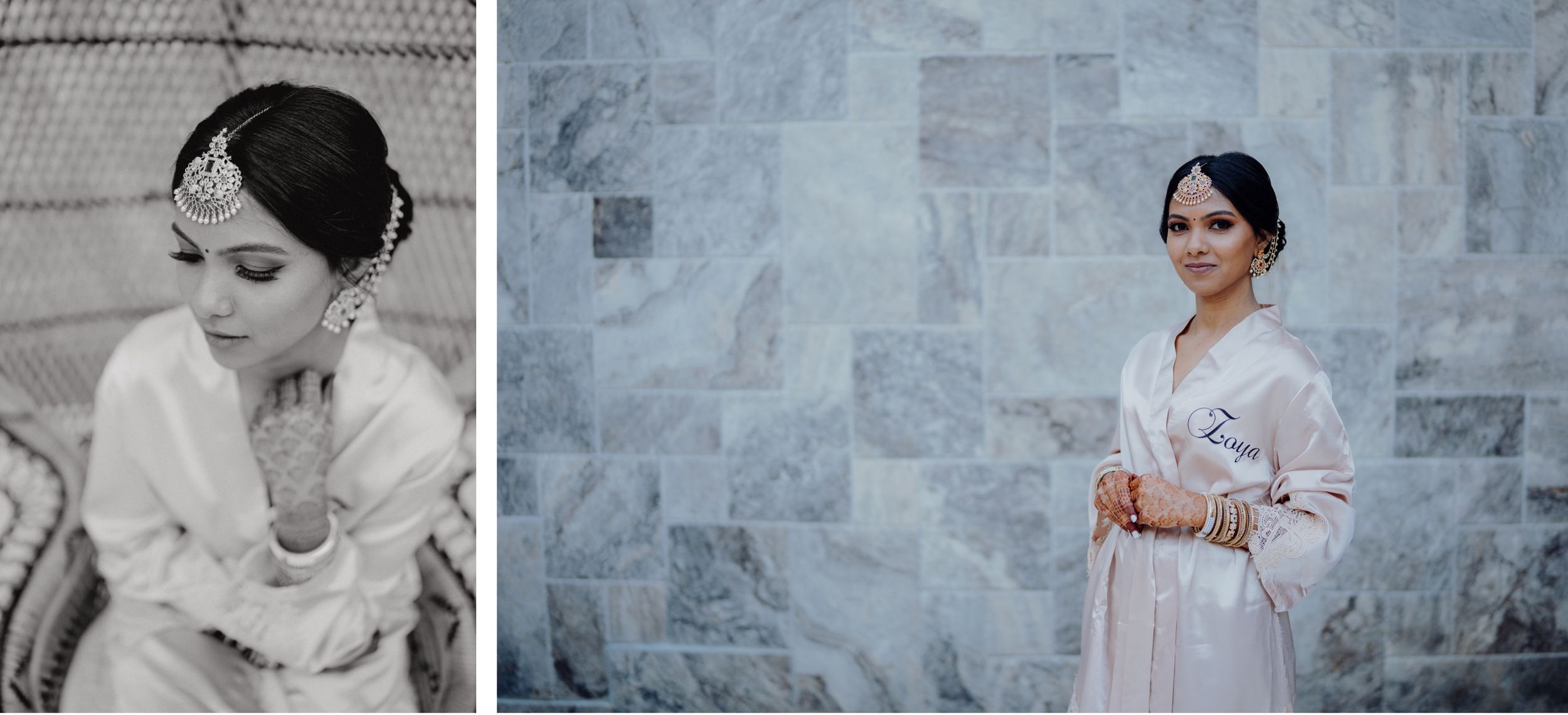 Wedding preparation photos against textured stone wall backdrop.