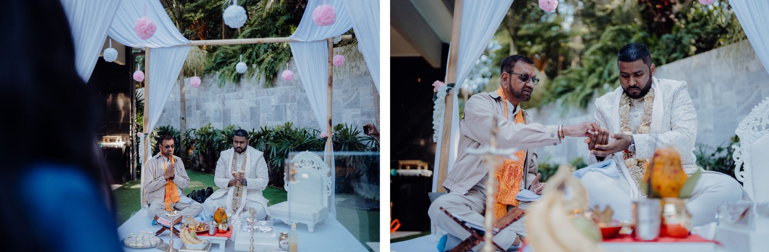 Outdoor wedding ceremony setup with decorative elements and casual dining arrangements.