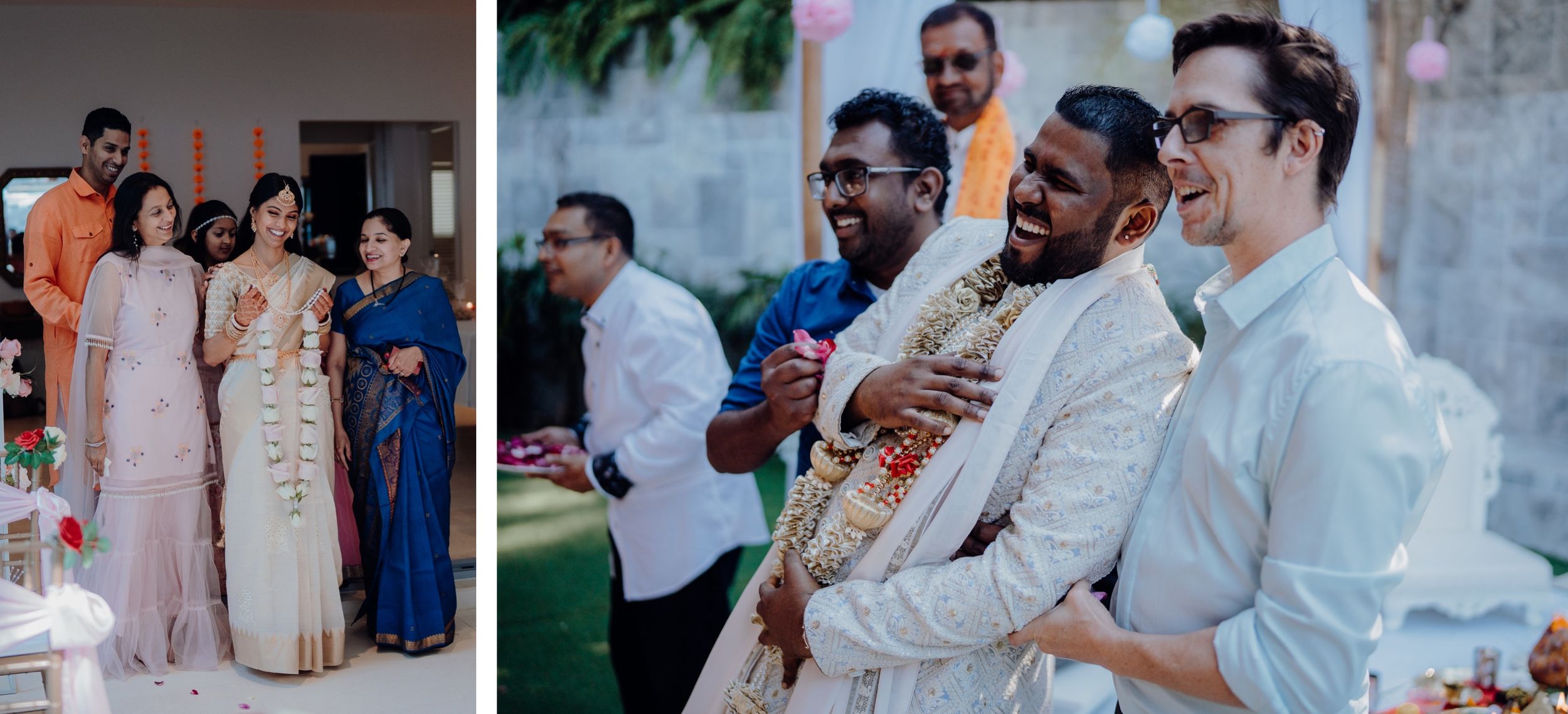 Two side-by-side photos showing wedding guests and celebrations in formal attire.