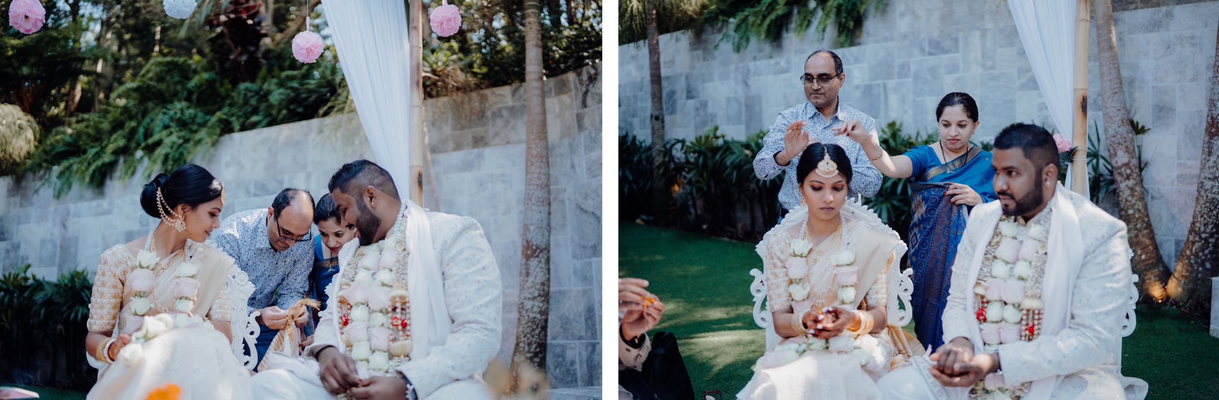 Collage of wedding ceremony moments under decorated outdoor canopy.