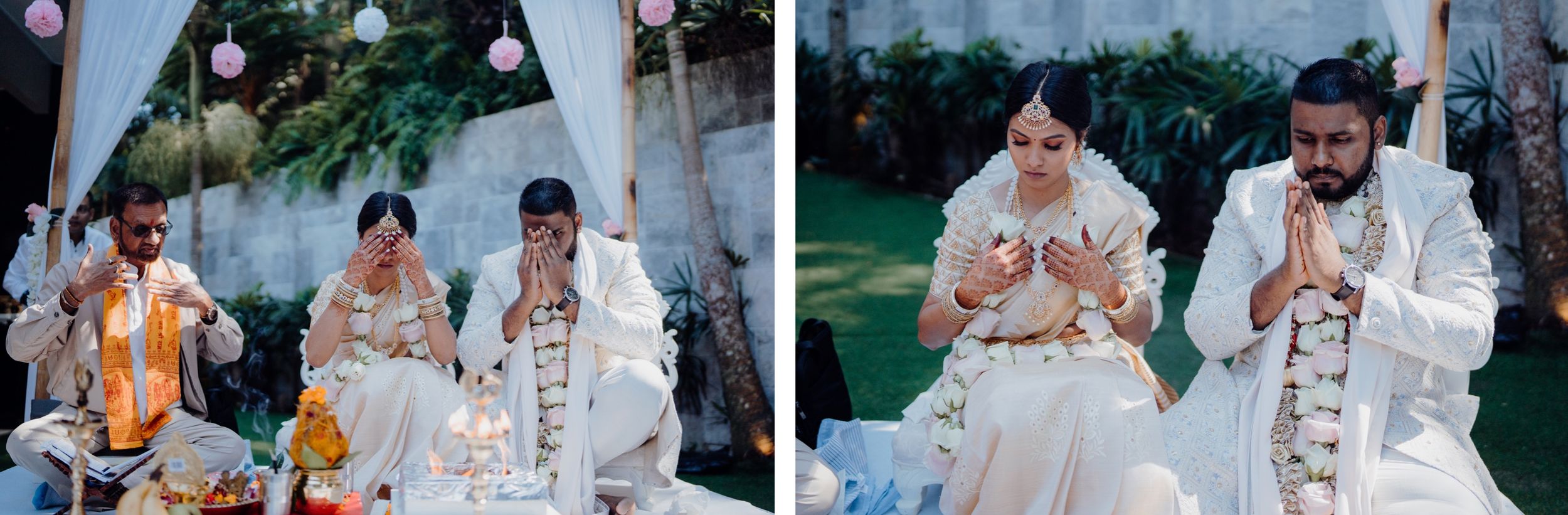 Traditional Indian wedding ceremony with white and pink decor featuring guests seated during the rituals.