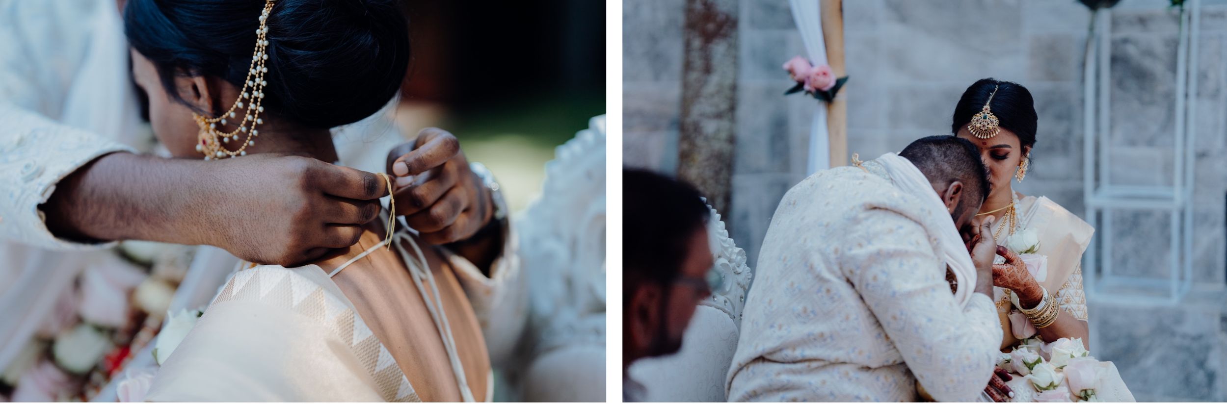 Close-up details of hands during a traditional wedding ritual.