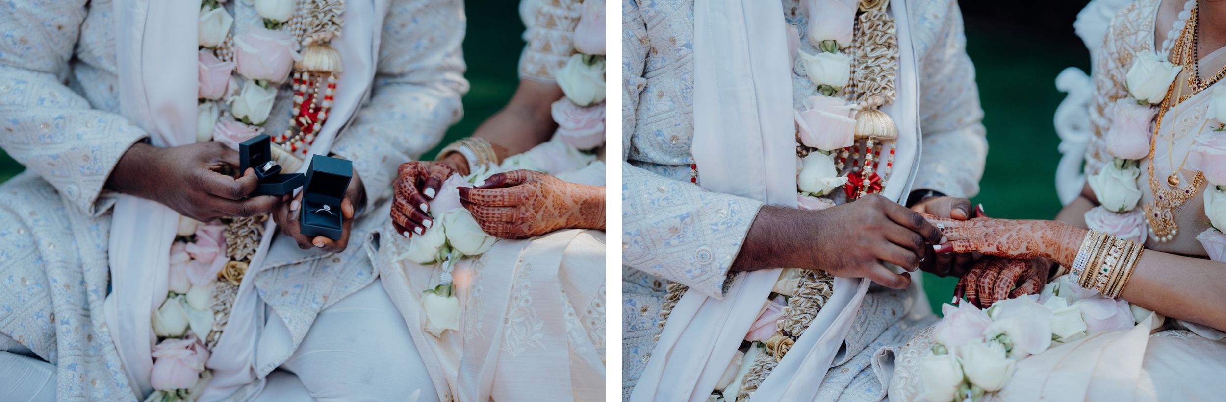 Close-up shots of hands exchanging rings during a wedding ceremony.