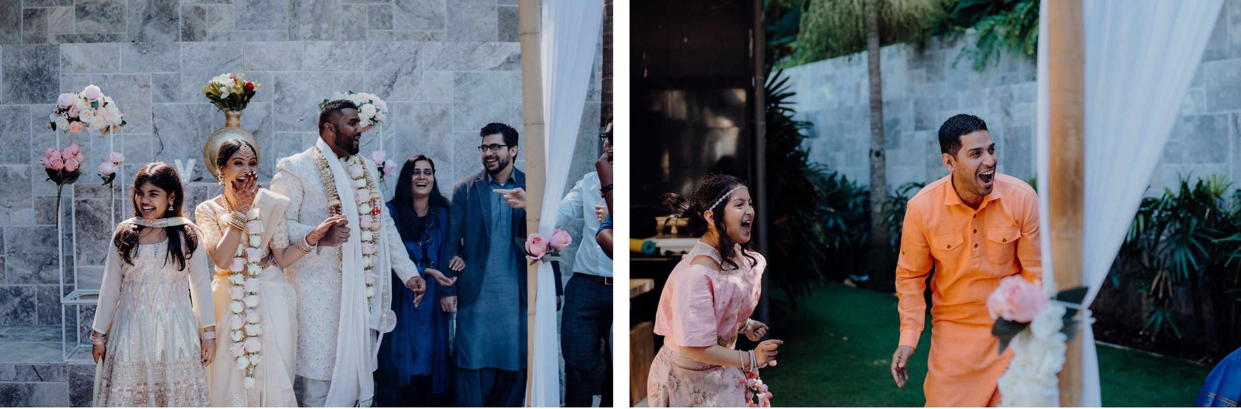 Wedding celebration moments captured in two side-by-side photos showing guests in colorful attire.