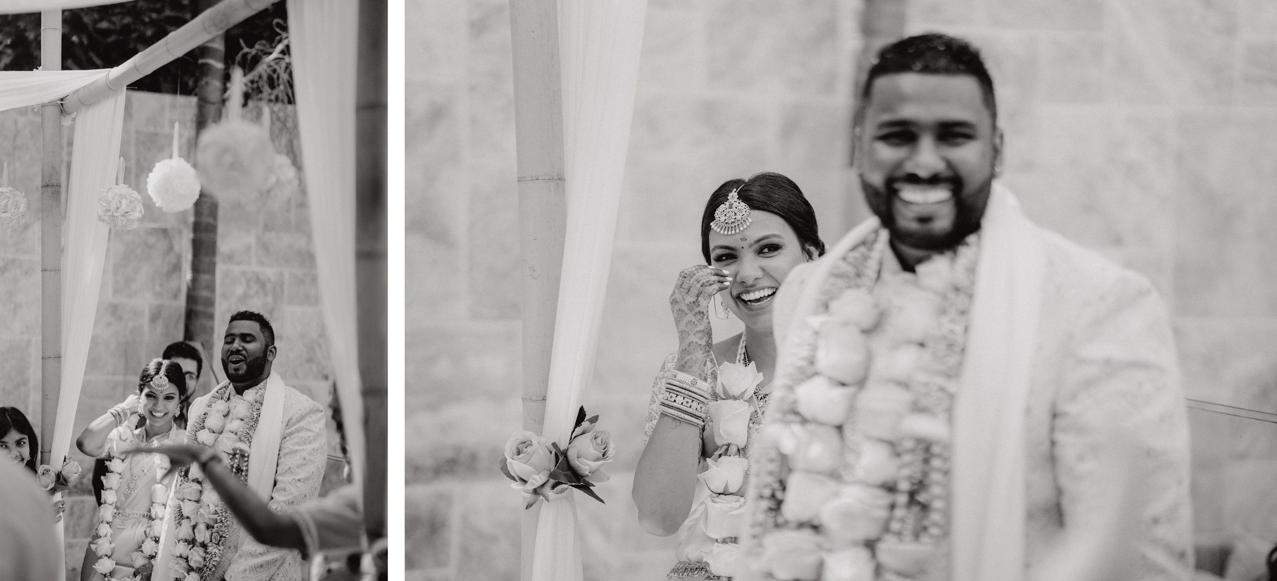 Black and white wedding portraits showing couple wearing traditional garlands during ceremony.