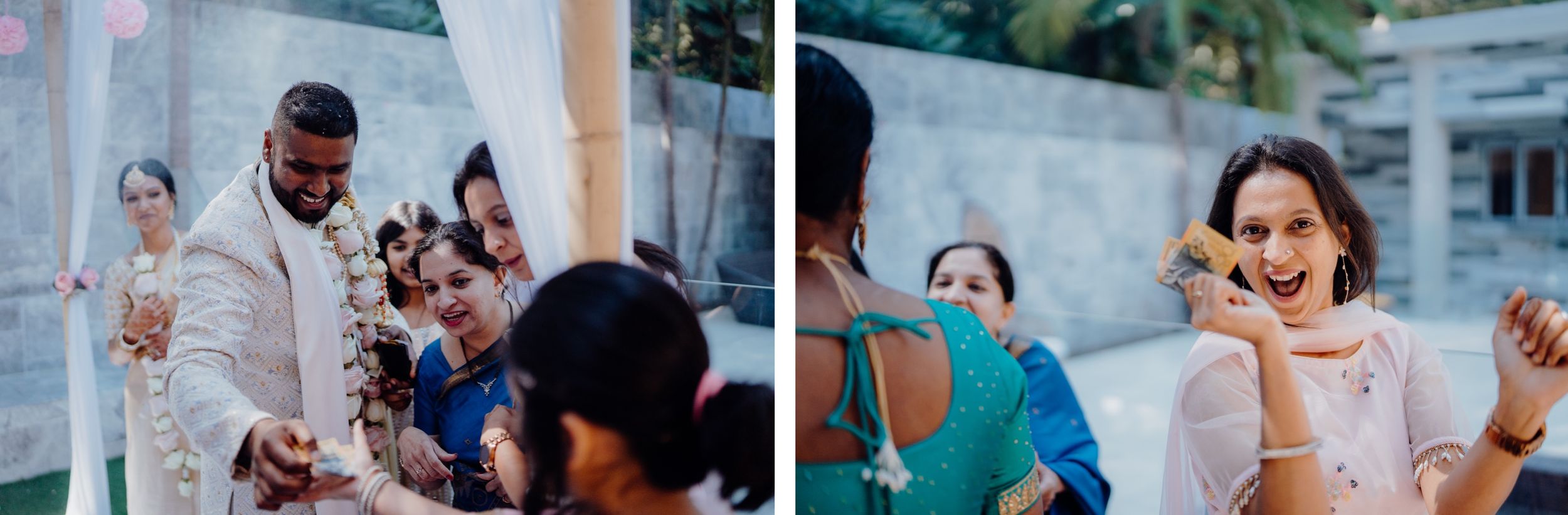 Candid moments from a wedding celebration showing guests in joyful interaction.