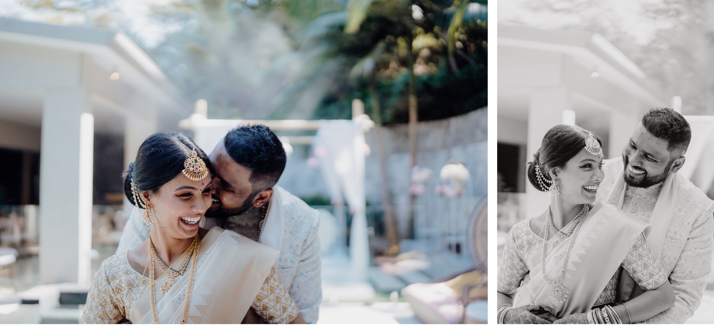 A romantic couple embraces during their wedding photoshoot by a pool.