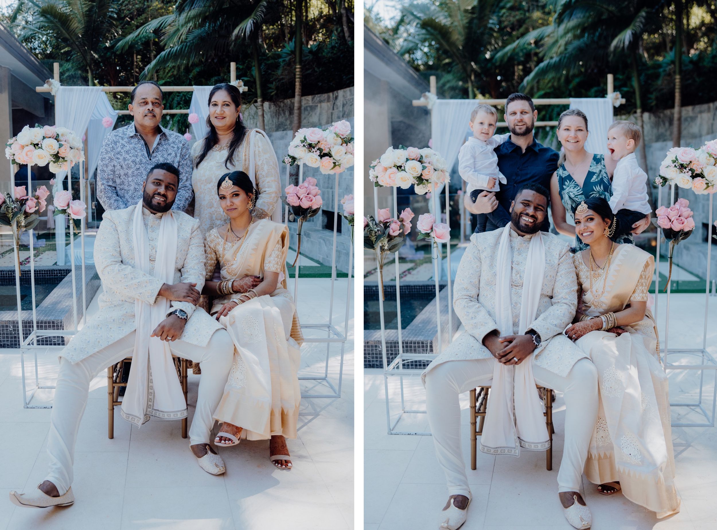 Side-by-side wedding photos show a couple posing with guests outdoors.