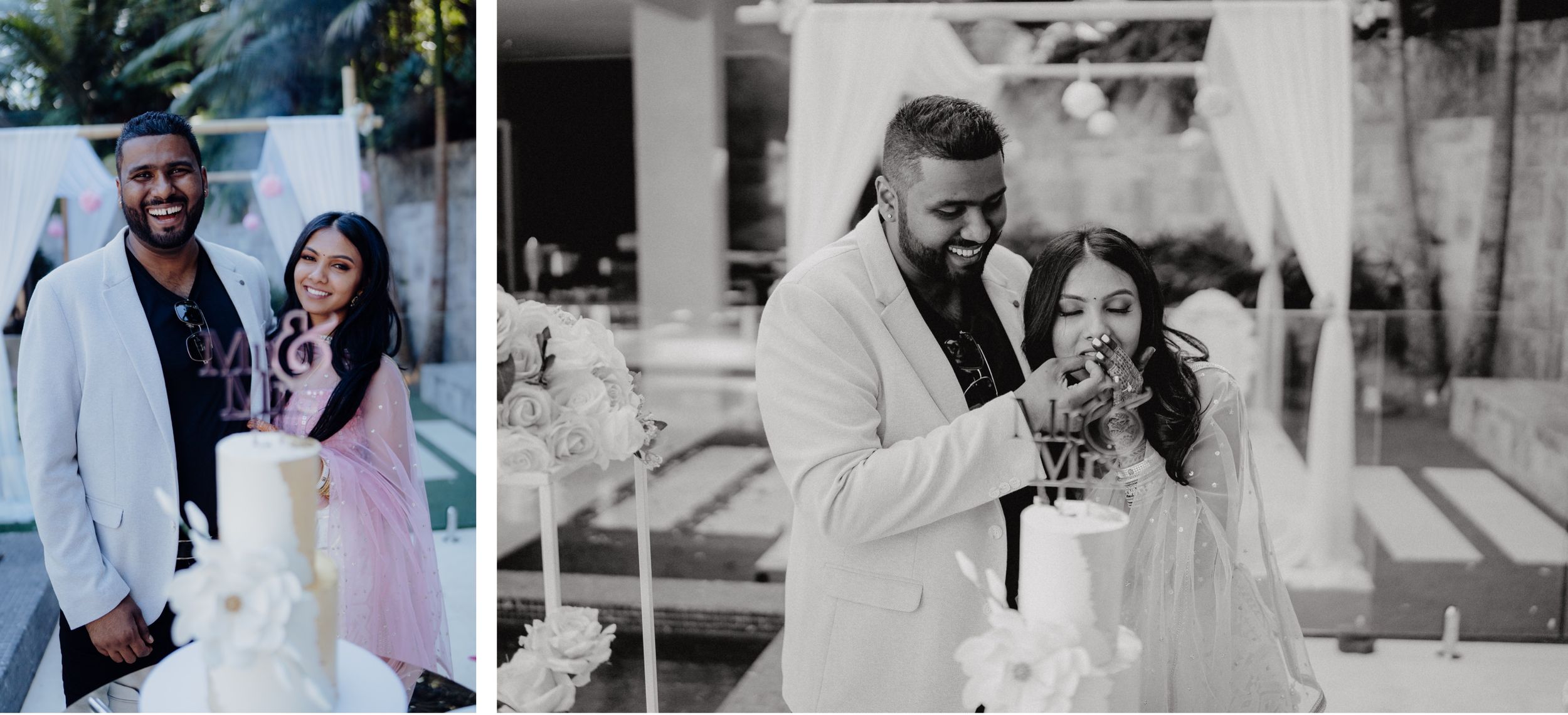 Side-by-side wedding portraits in color and black and white showing romantic moments.
