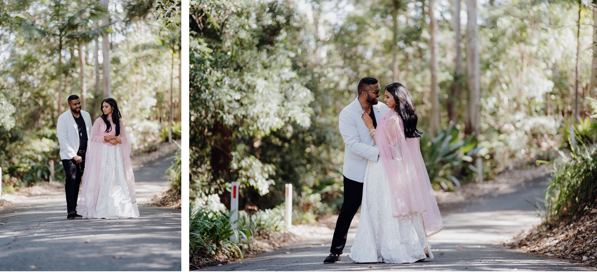 Romantic wedding portraits in a sunlit garden pathway showing elegant attire.