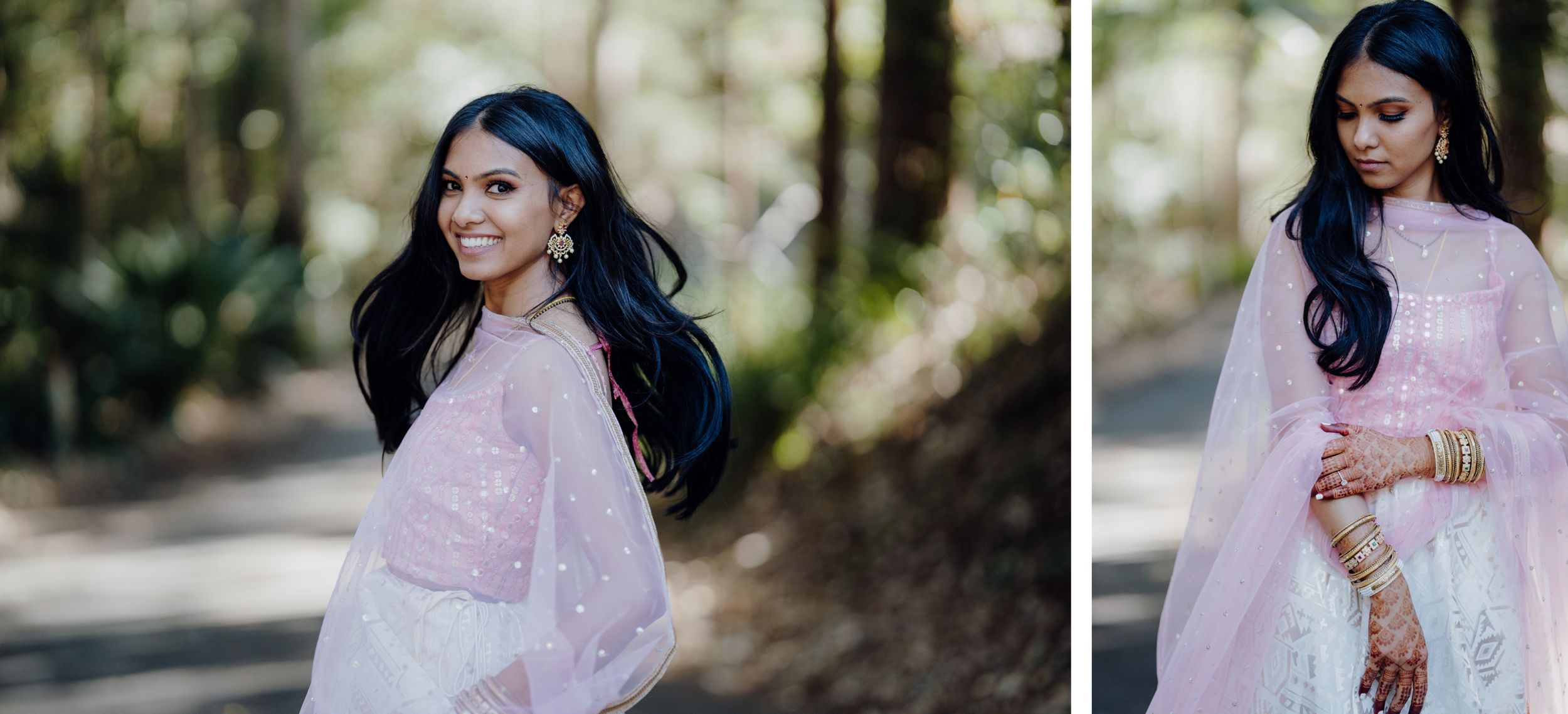 Bridal portraits showing detailed lace work and pink sheer overlay in natural lighting.