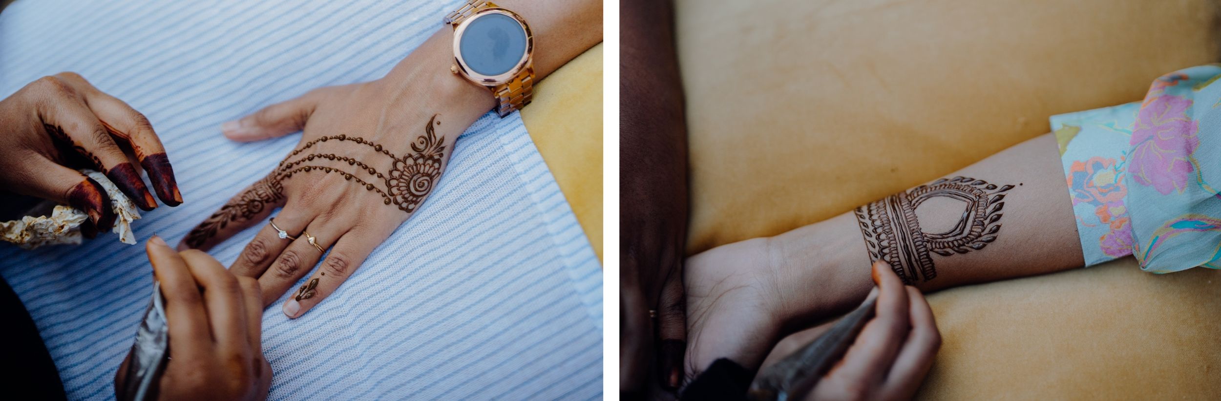 Close-up of hands applying intricate henna designs during a celebration.