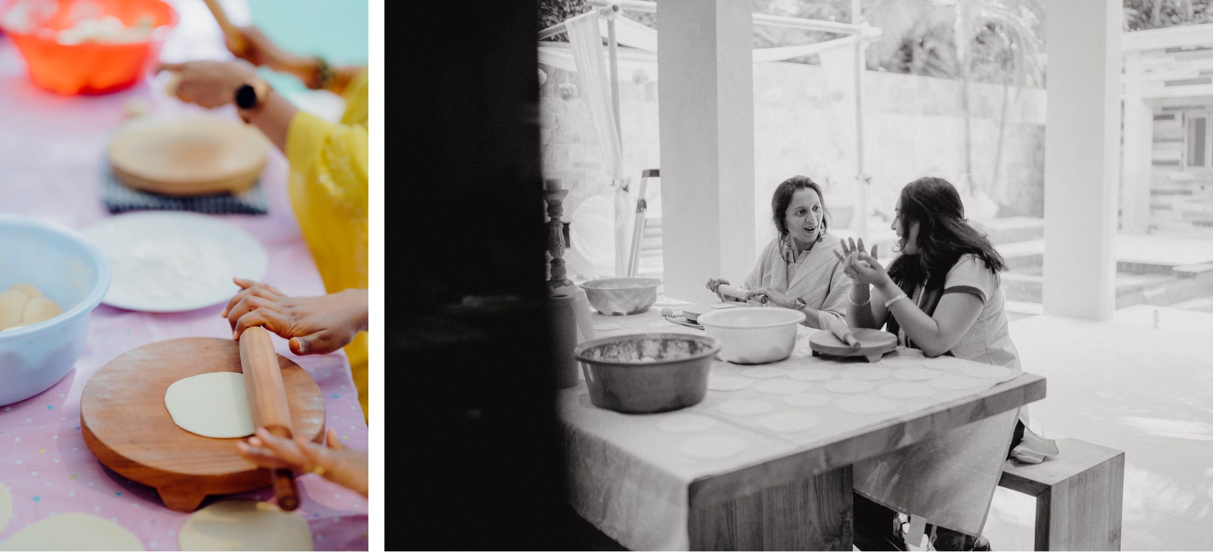 Two scenes showing cooking and food preparation with colorful ingredients.