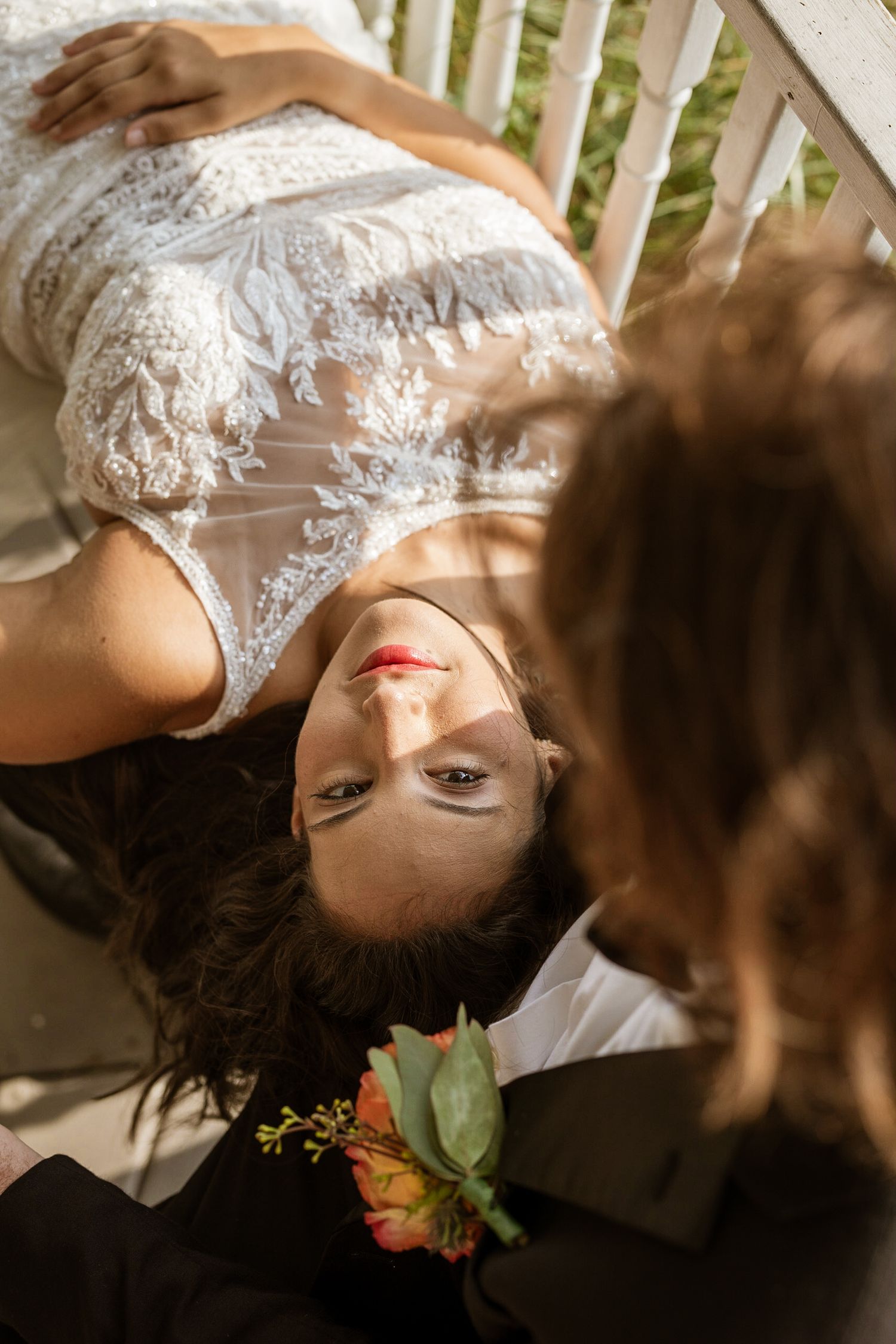 An exquisite bride gazing up and into the eyes of her groom in The Landings, Skidaway Island, Ga.