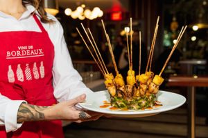 Server wearing red Bordeaux apron presenting an elegant appetizer dish.