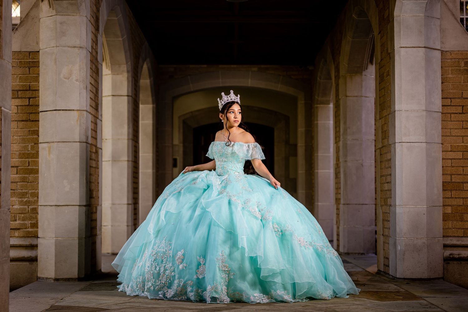 quinceanera tiara and light blue puffy dress quinceanera