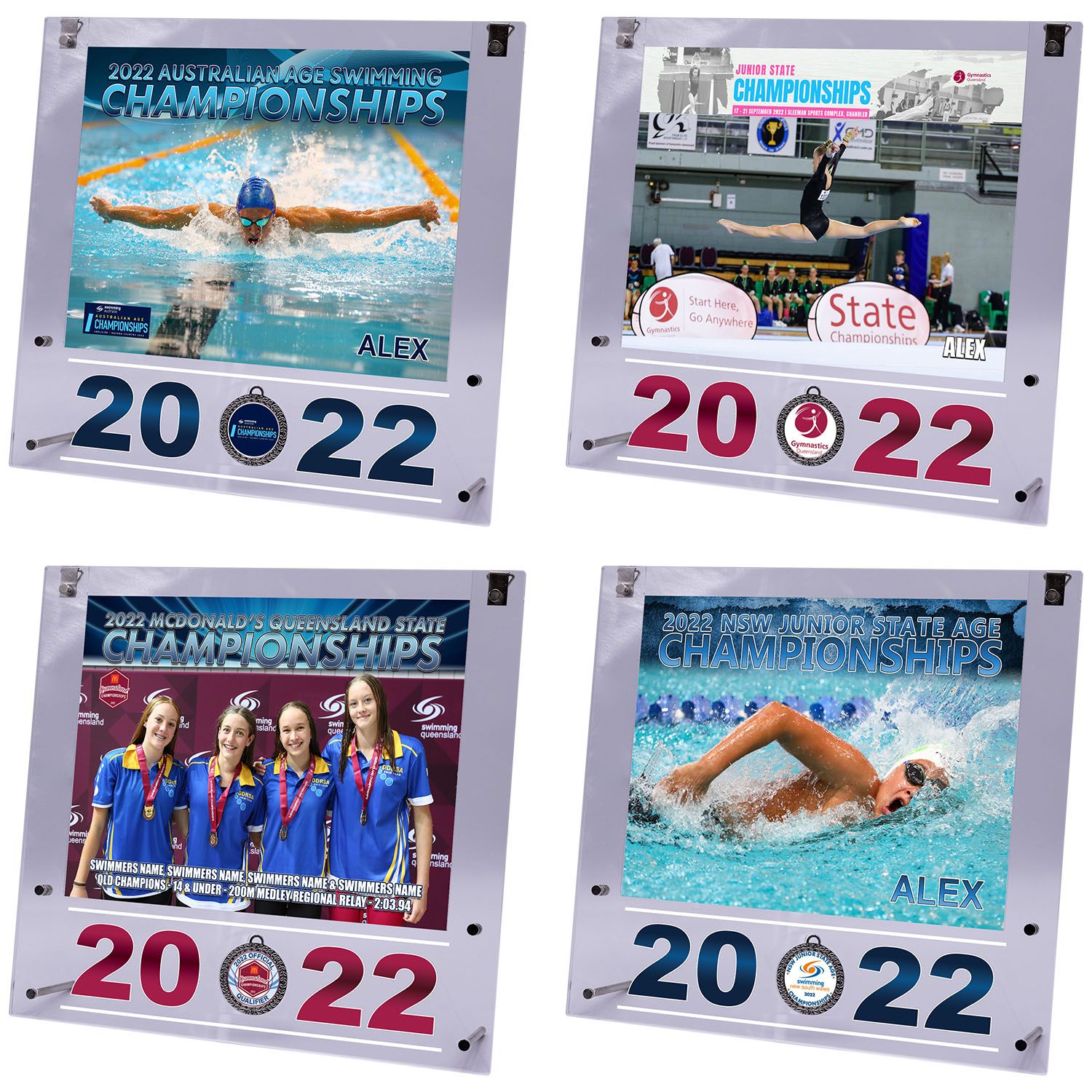 Collection of swimming competition photos in 2022 frames showing various swimming strokes.