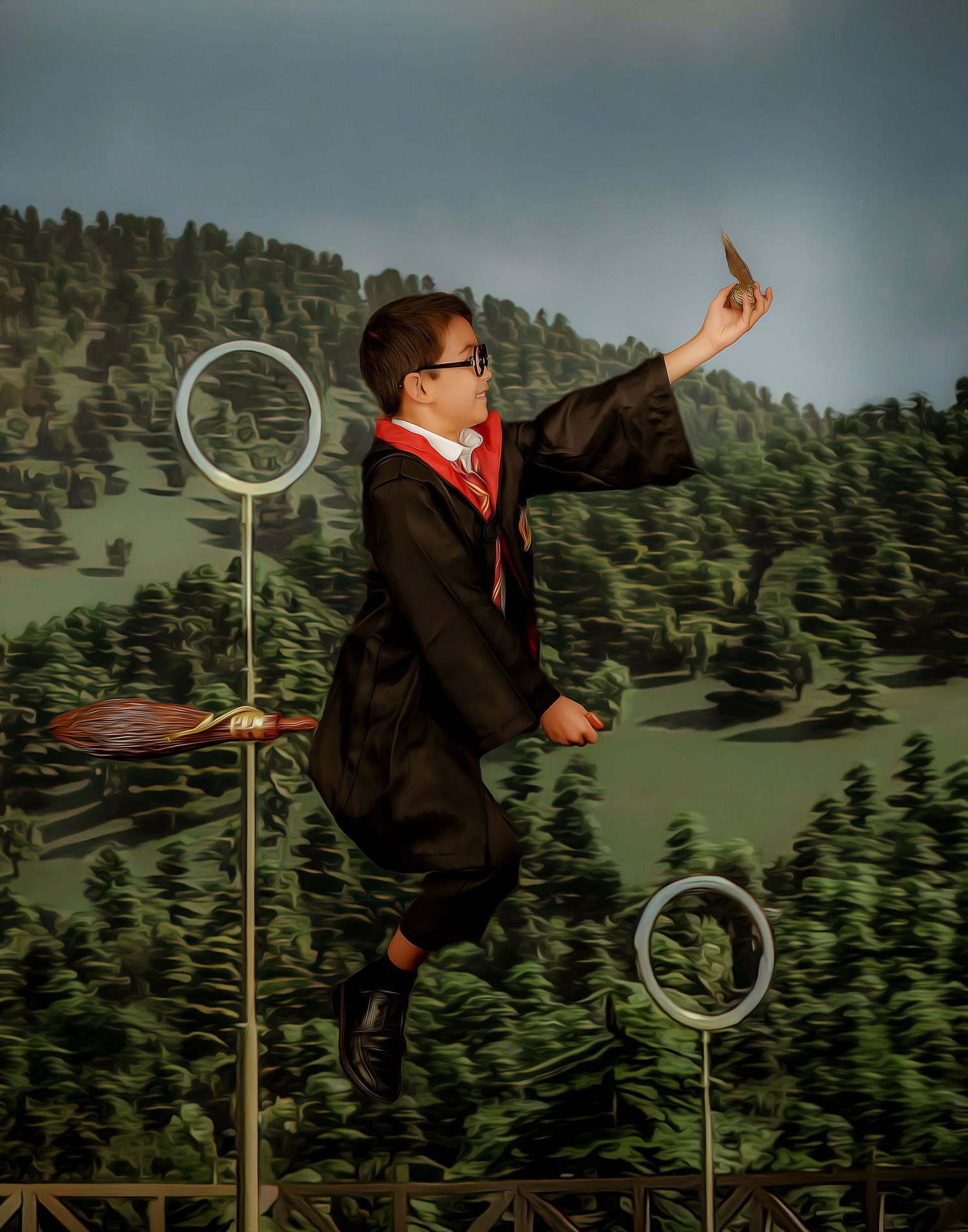 A magical sports scene with floating hoops against a mountainous landscape.