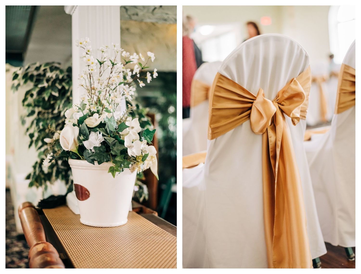 white flowers and greenery in white bucket, close up photo of gold ribbon on chairs
