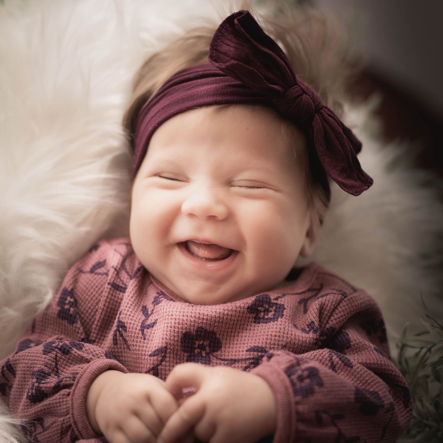 Laughing Baby Portrait with Big Burgundy Bow