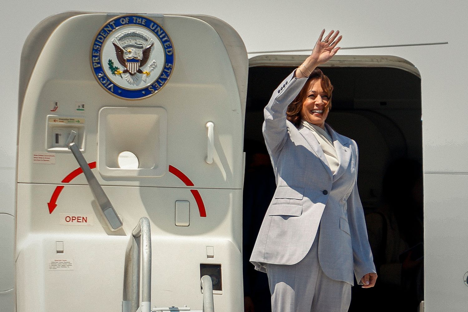U.S. Vice President Kamala Harris arrives at the Muñiz Air National Guard Base in San Juan, Puerto Rico