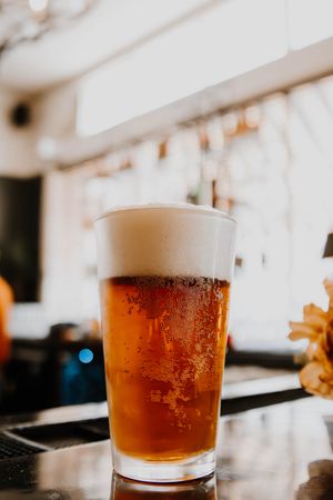 Close-up shots of amber beer glasses on a bar counter with natural lighting.