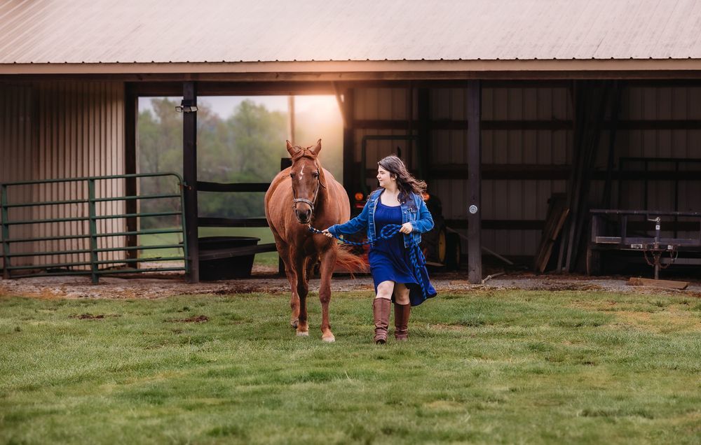 A chestnut horse walks alongside someone in a blue dress near a rustic barn stable.