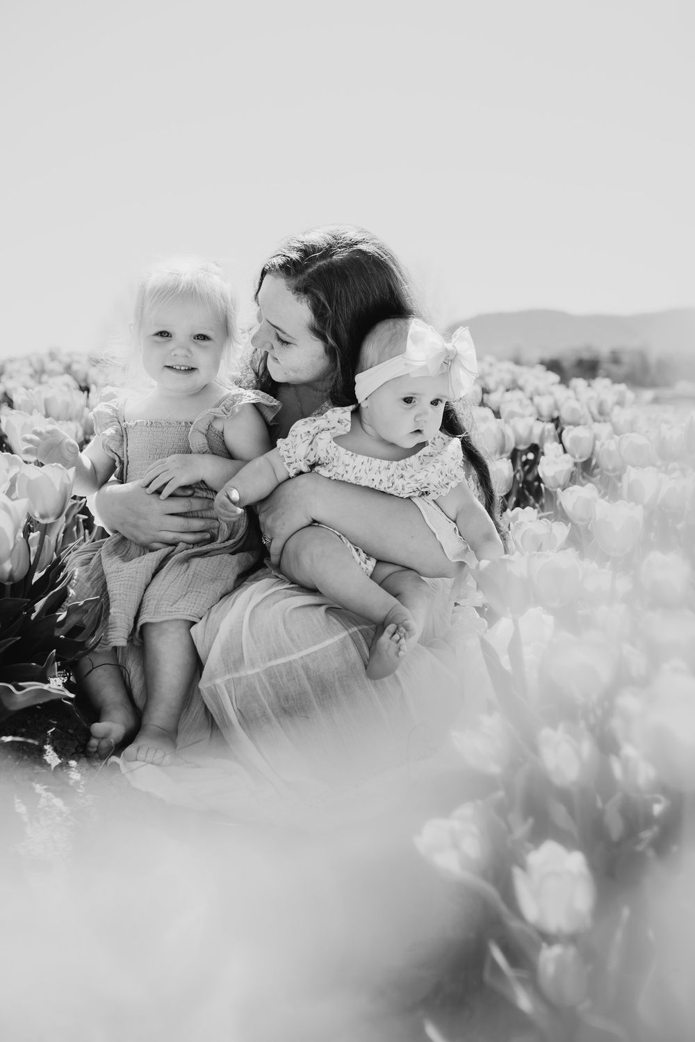 mom holds her two small daughters while sitting in a field of tulips