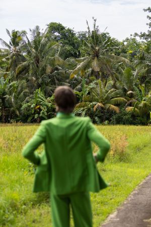 Figure in bright green suit looking out at tropical palm tree landscape.