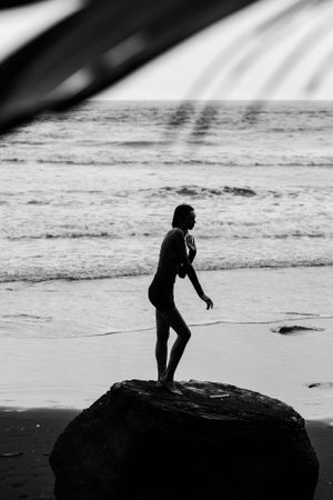 Silhouette on coastal rock formation against dramatic ocean backdrop.