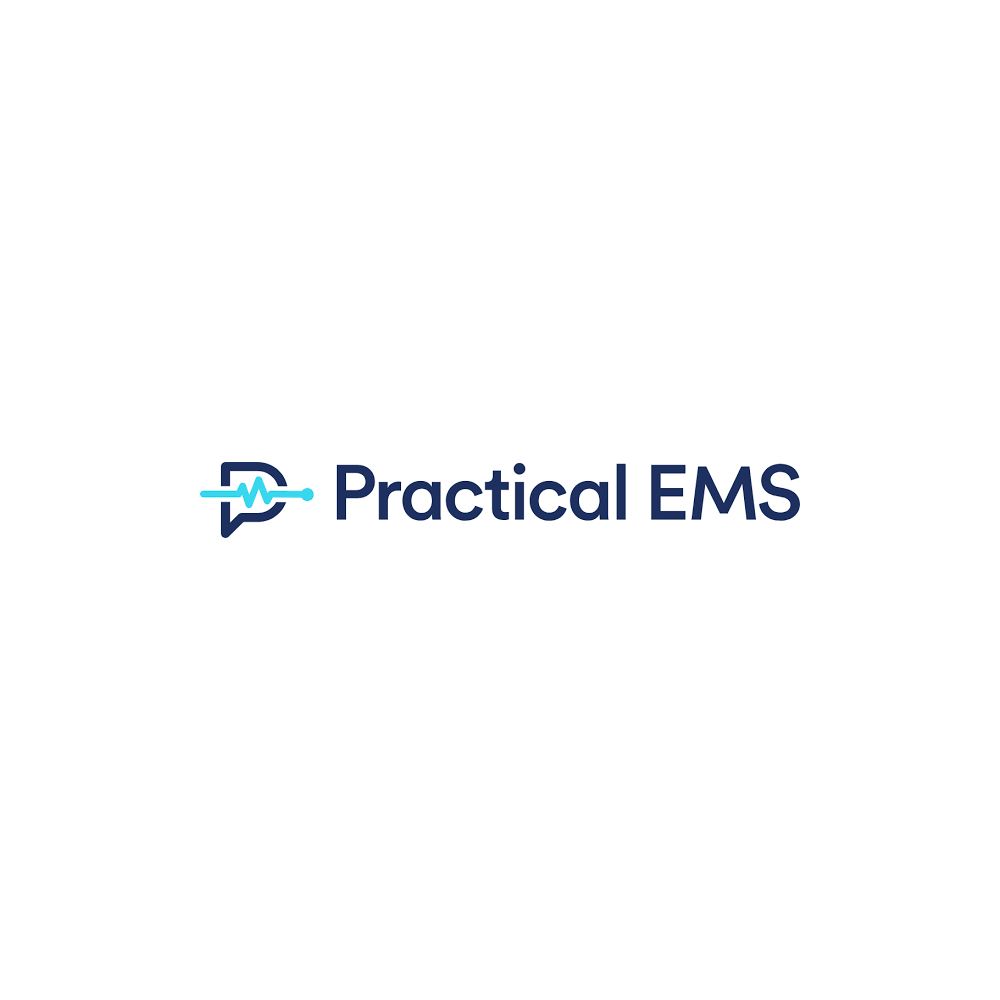 Clean and modern blue medical logo for Practical EMS with minimalist ambulance icon.